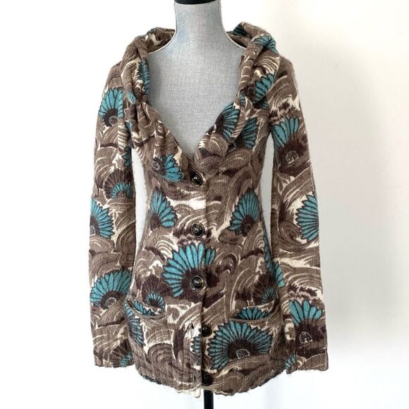Leifsdottir Anthropologie Brown & Blue Floral Wool Cardigan Size L Boho Cottage
